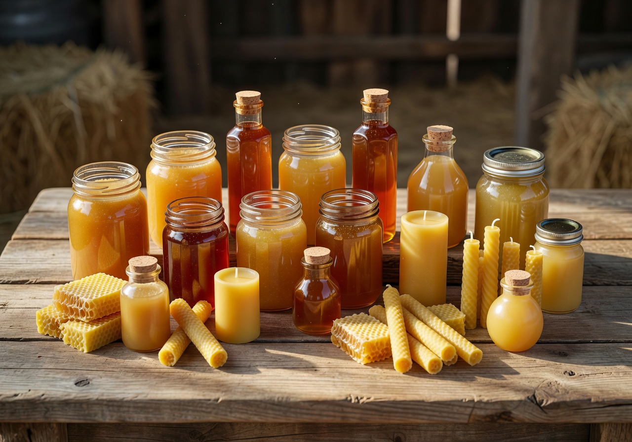 Assortment of artisanal honey jars and beeswax products arranged on rustic wooden surface