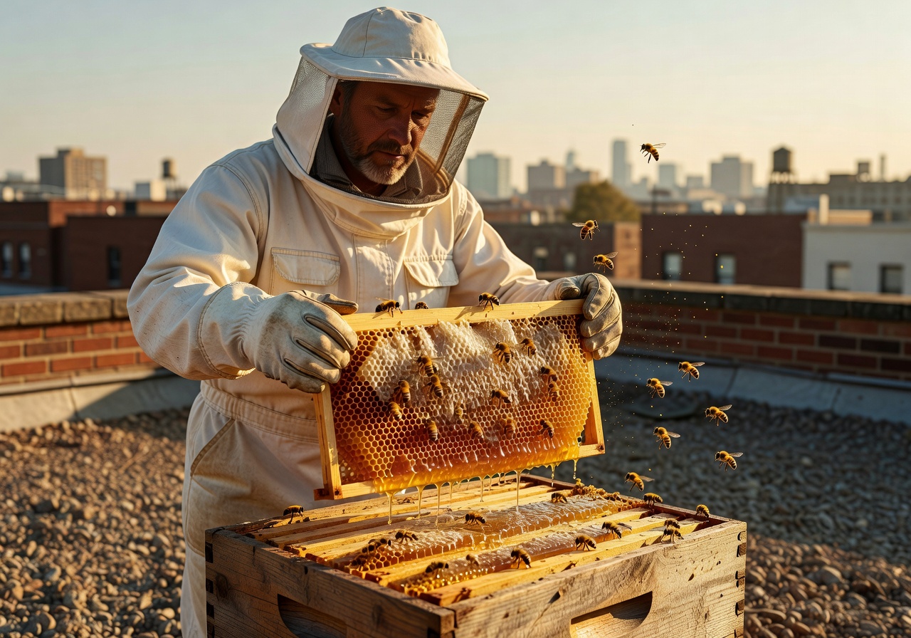 Beekeeper carefully lifting a frame full of golden honey from a rooftop beehive