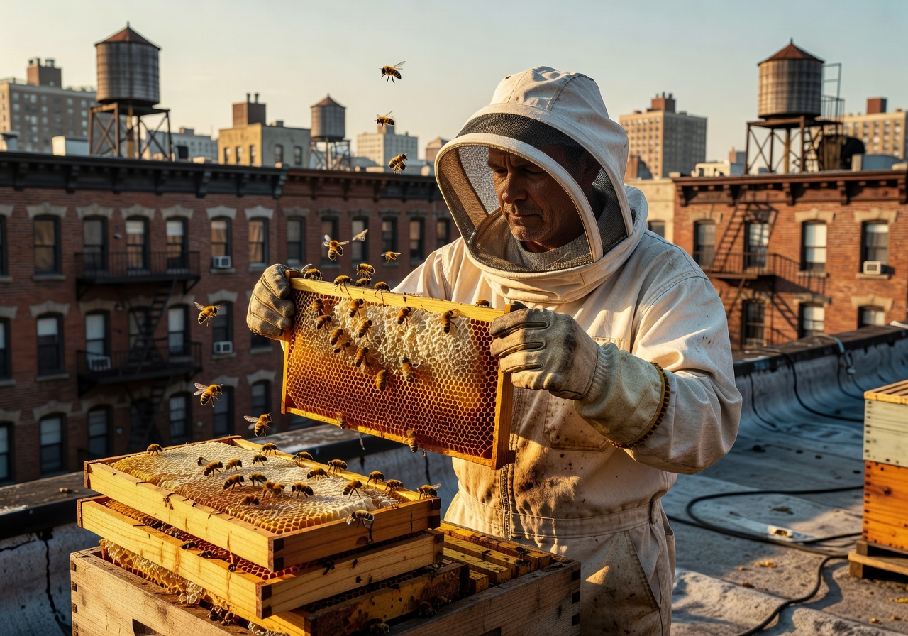 Beekeeper in protective gear inspecting honeycomb frames on an urban rooftop