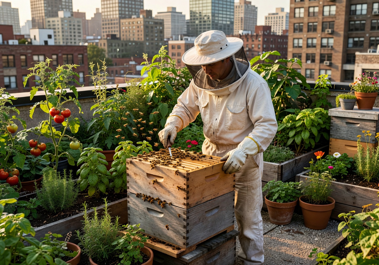 Beekeeper tending to beehive boxes on a green urban rooftop garden
