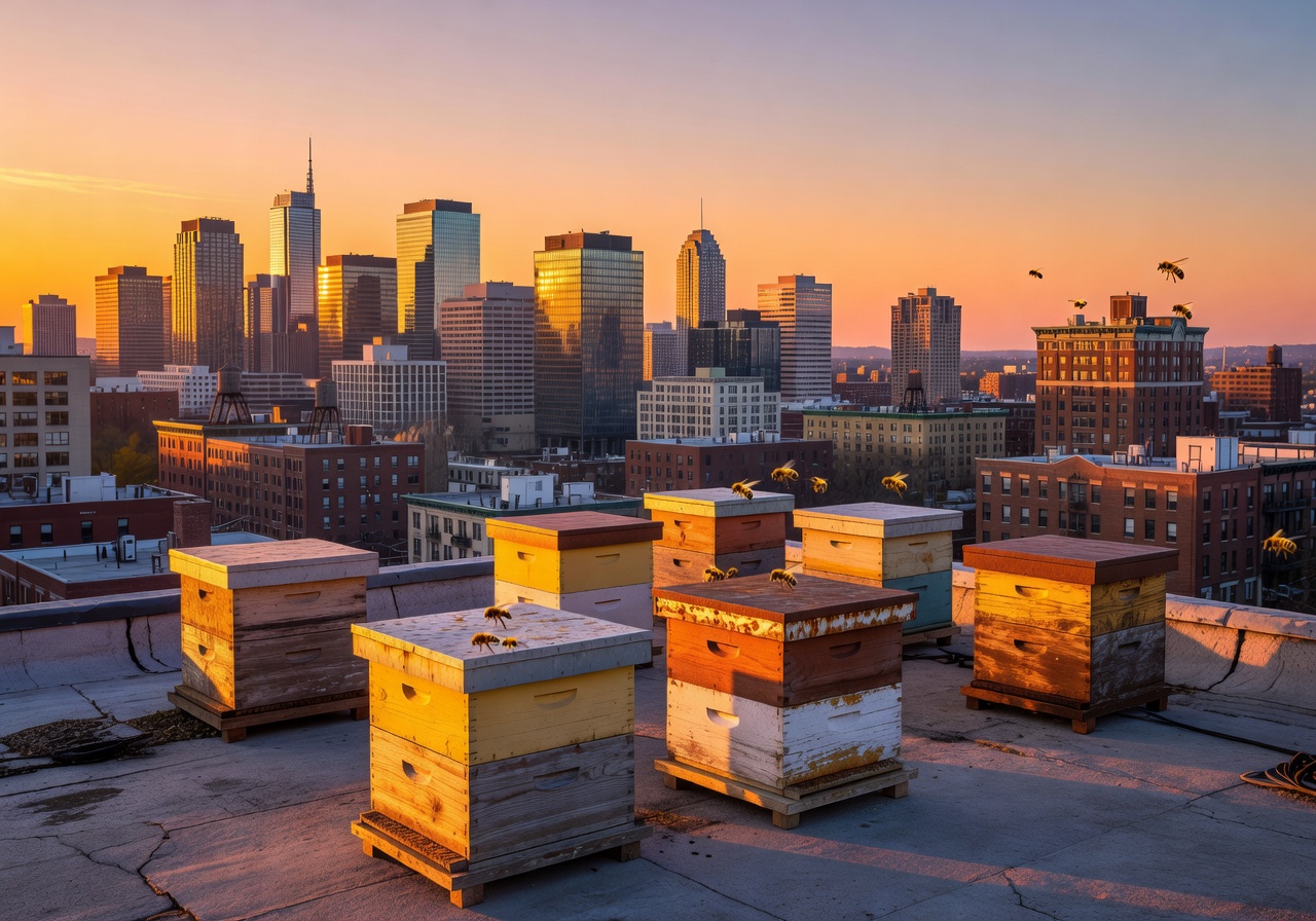 City skyline with rooftop beehives in the foreground during golden hour