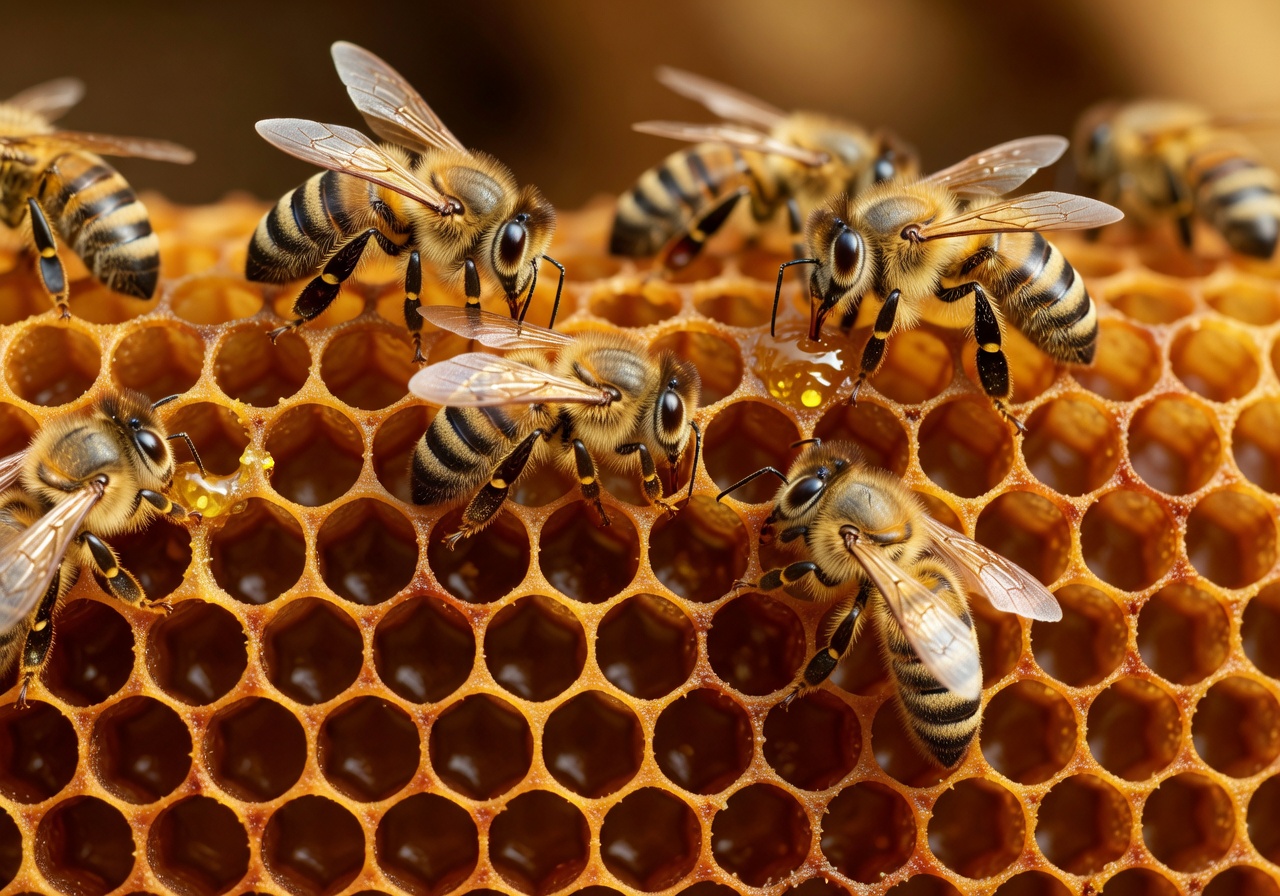 Close-up of honeybees working on golden honeycomb cells