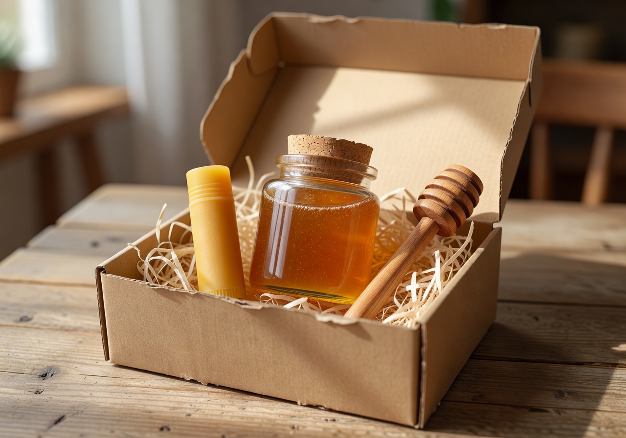 Gift box containing artisanal honey jar, beeswax lip balm, and wooden honey dipper