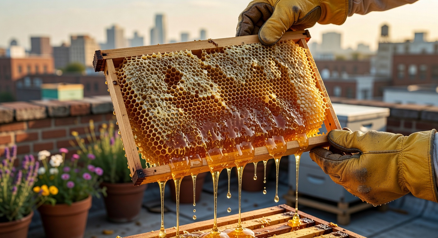 Golden honeycomb dripping with fresh artisanal honey from urban rooftop hives