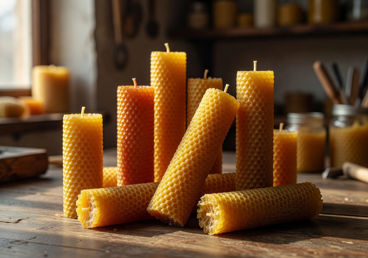 Handmade beeswax candles with natural honeycomb texture in warm amber tones