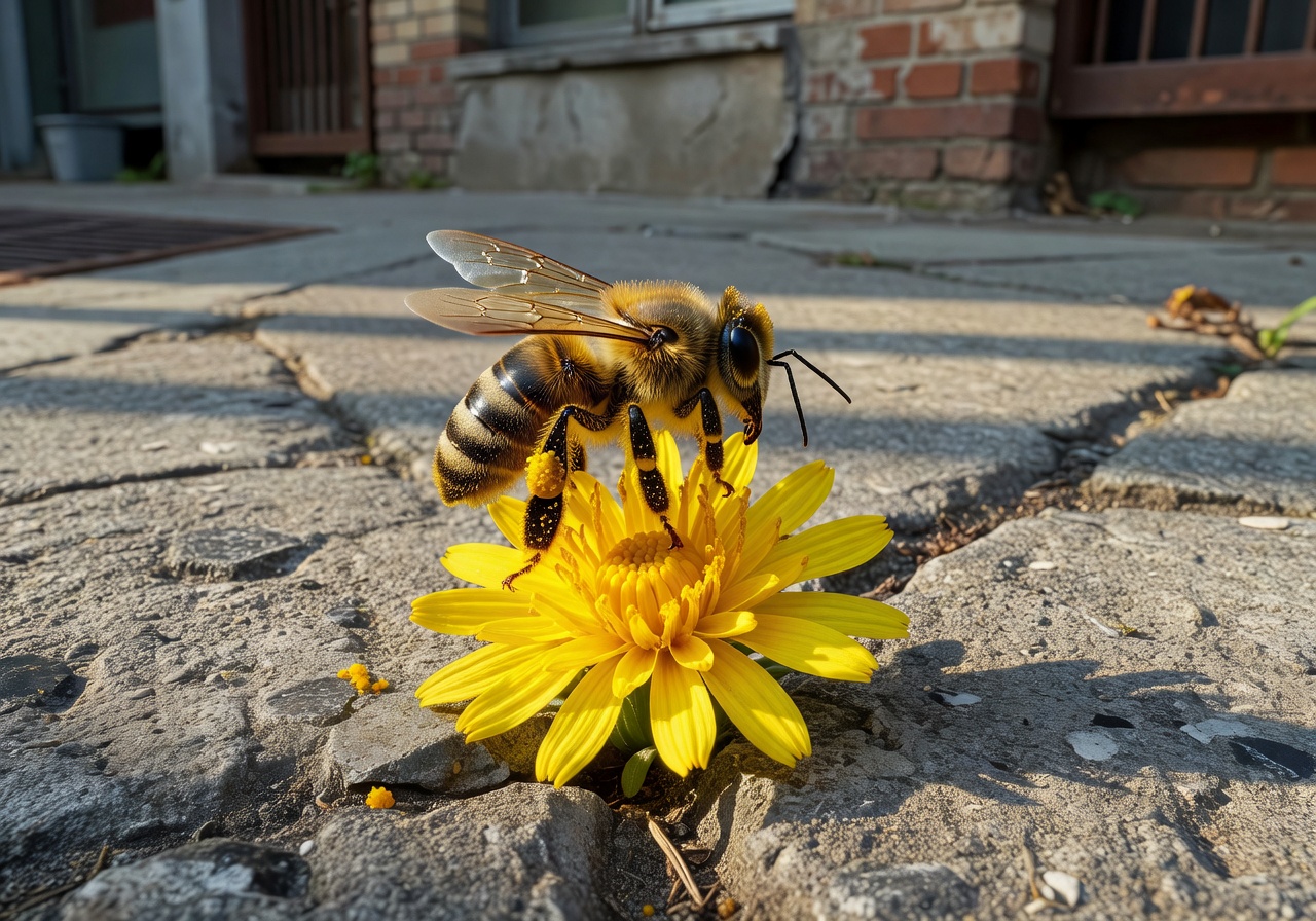 Honeybee landing on a blooming urban flower with pollen on its legs
