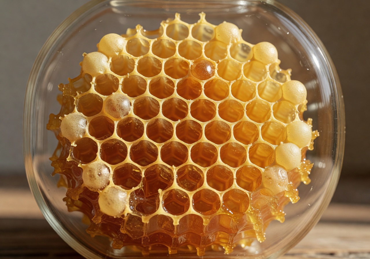 Honeycomb section in a glass container showing natural golden wax structure