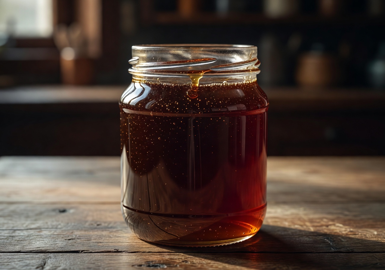 Jar of dark buckwheat honey with deep amber color and rich molasses undertones