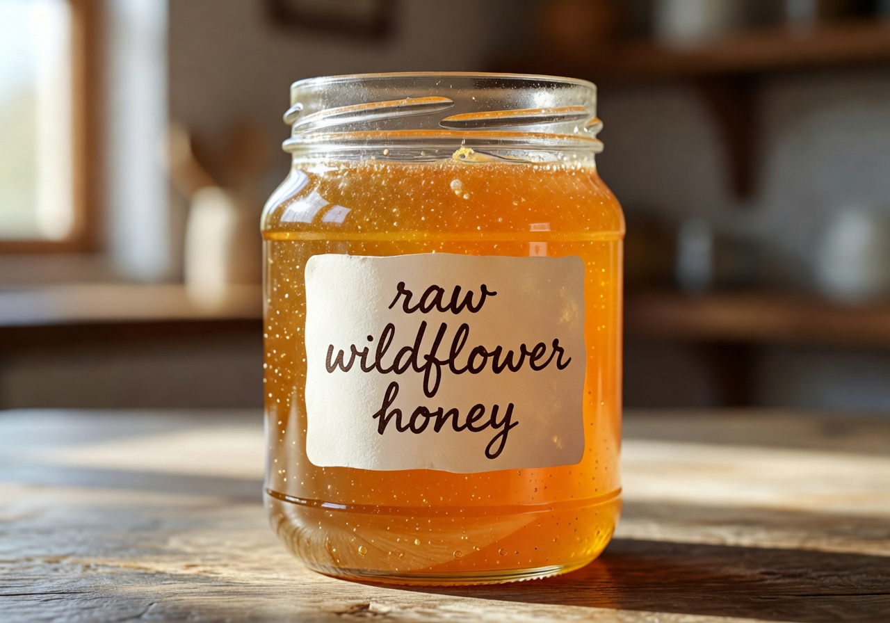 Jar of raw wildflower honey with golden amber color and handwritten label