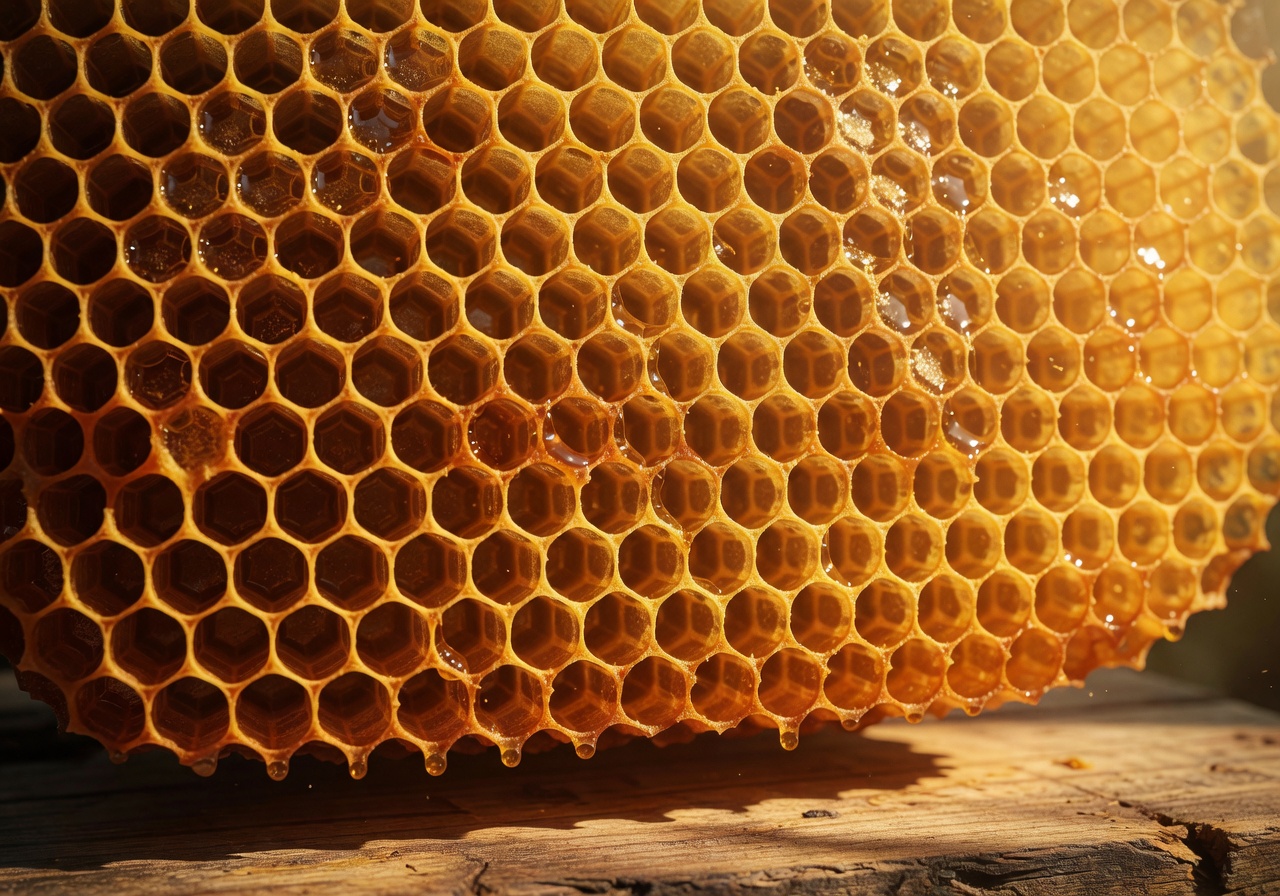 Panoramic view of golden honeycomb bathed in warm natural light