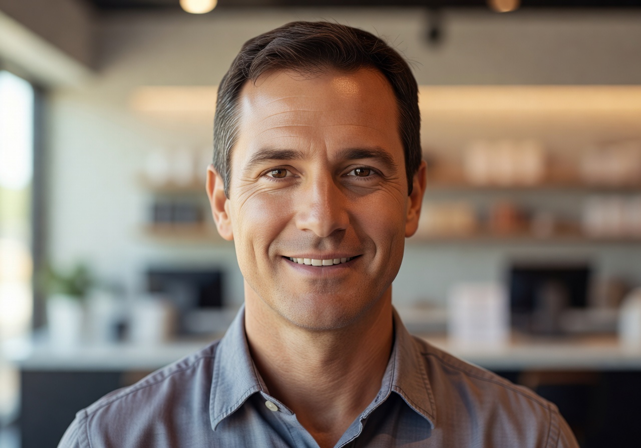 Portrait of David L., a customer with short dark hair and warm smile