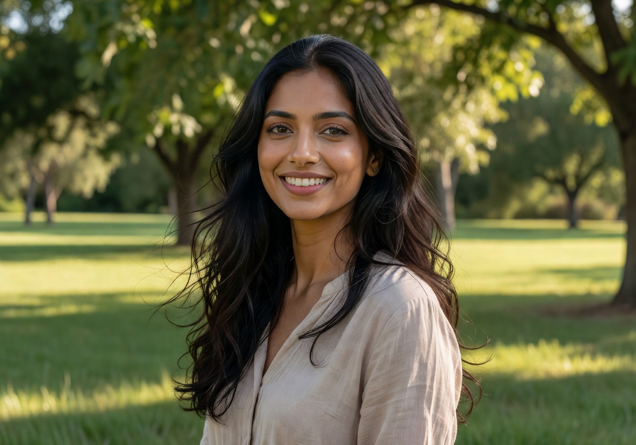 Portrait of Priya K., a customer with long dark hair smiling outdoors