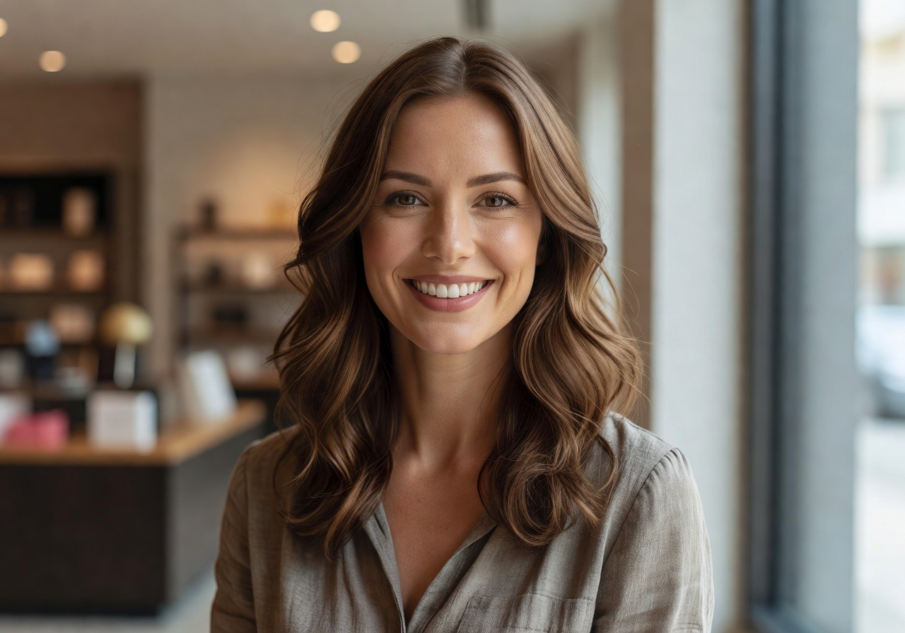 Portrait of Sarah M., a smiling customer with brown hair